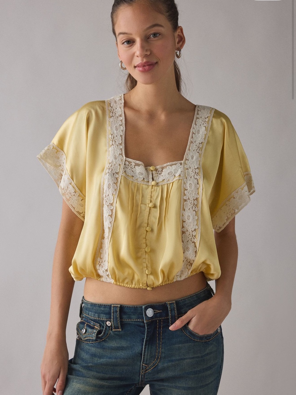 Kimchi Blue Ada Short Sleeve Lace Trim Satin Blouse